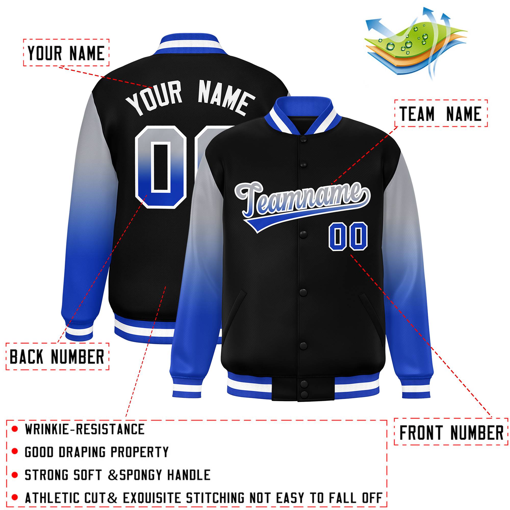 Custom Black Gray-Royal Gradient Varsity Full-Snap Raglan Sleeves Baseball Jacket