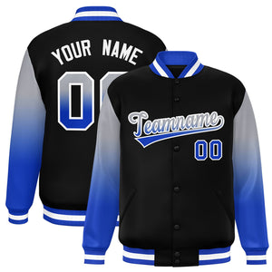 Custom Black Gray-Royal Gradient Varsity Full-Snap Raglan Sleeves Baseball Jacket