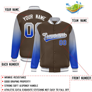 Custom Light Brown Gray-Royal Gradient Varsity Full-Snap Raglan Sleeves Baseball Jacket