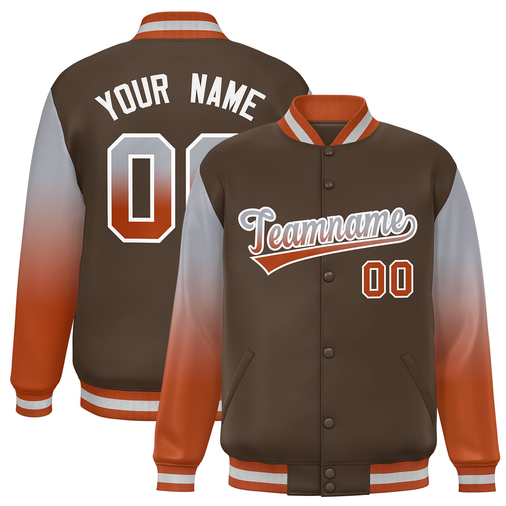 Custom Light Brown Gray-Texas Orange Gradient Varsity Full-Snap Raglan Sleeves Baseball Jacket