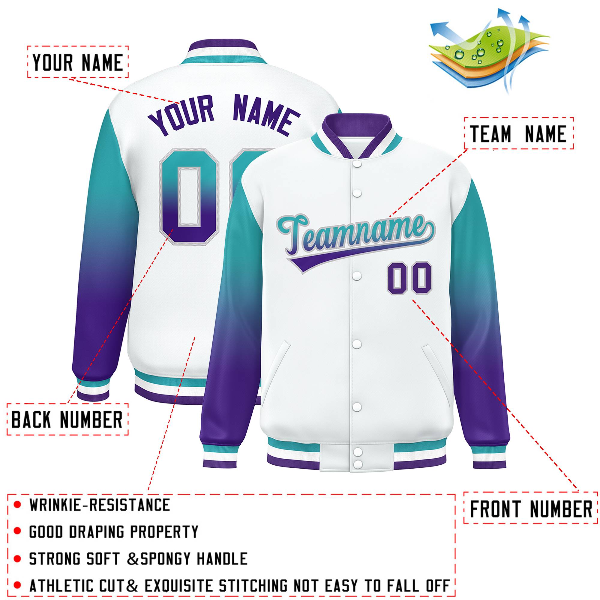 Custom White Aqua-Purple Gradient Varsity Full-Snap Raglan Sleeves Baseball Jacket