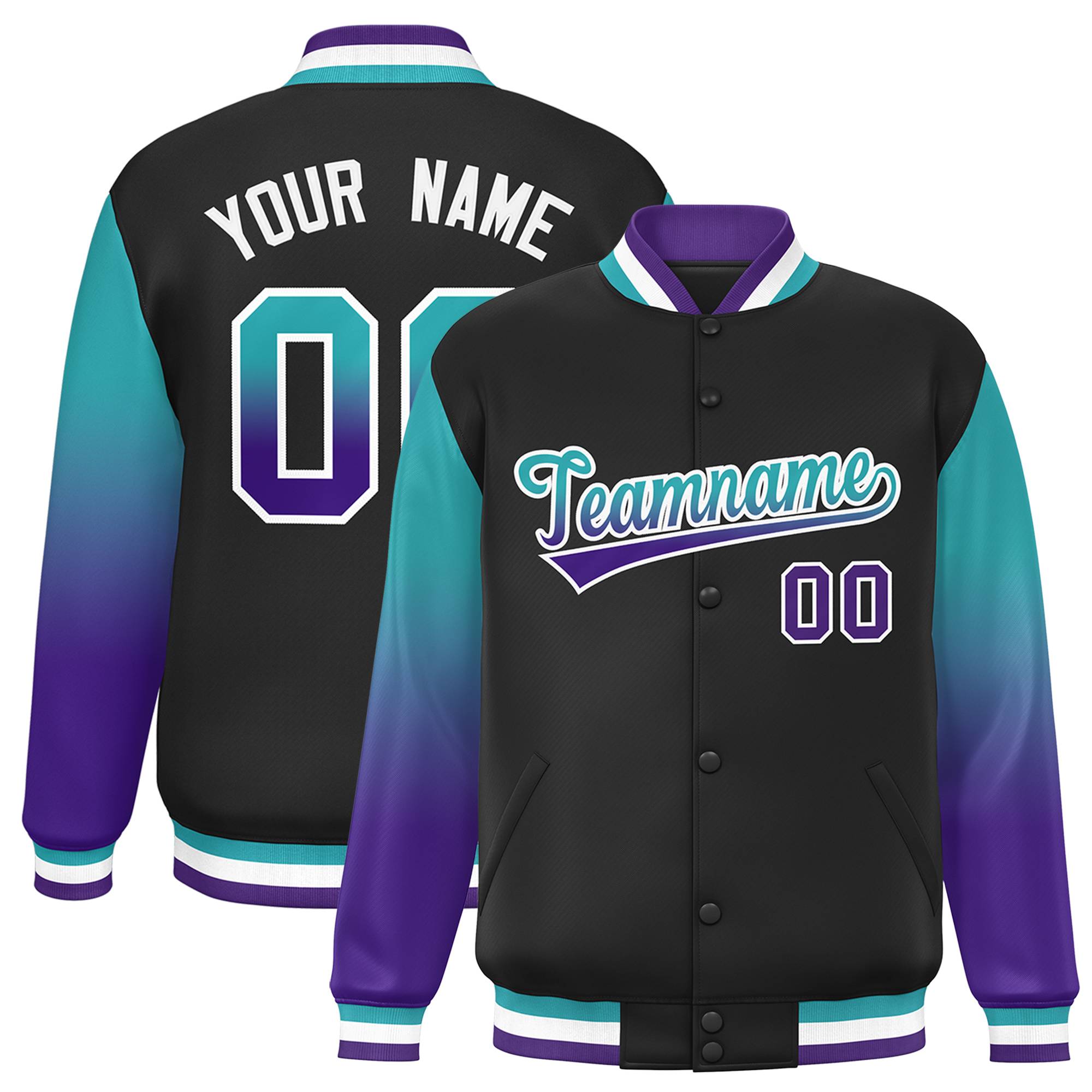 Custom Black Aqua-Purple Gradient Varsity Full-Snap Raglan Sleeves Baseball Jacket