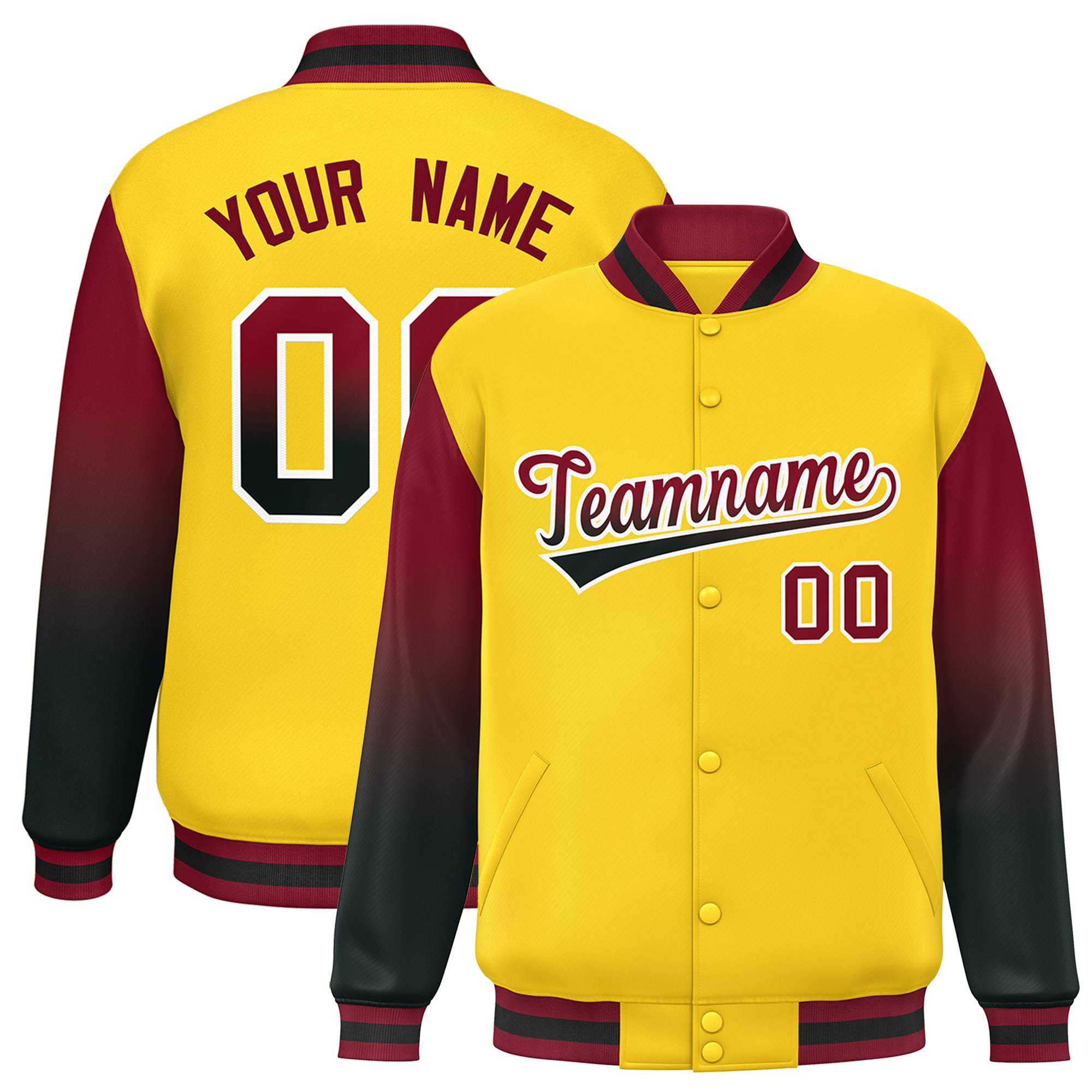 Custom Gold Crimson-Black Gradient Varsity Full-Snap Raglan Sleeves Baseball Jacket