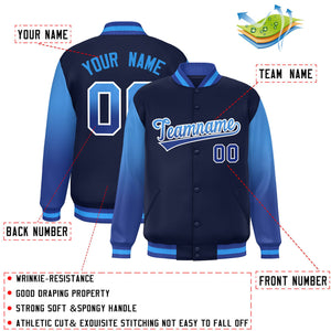 Custom Navy Powder Blue-Royal Gradient Varsity Full-Snap Raglan Sleeves Baseball Jacket