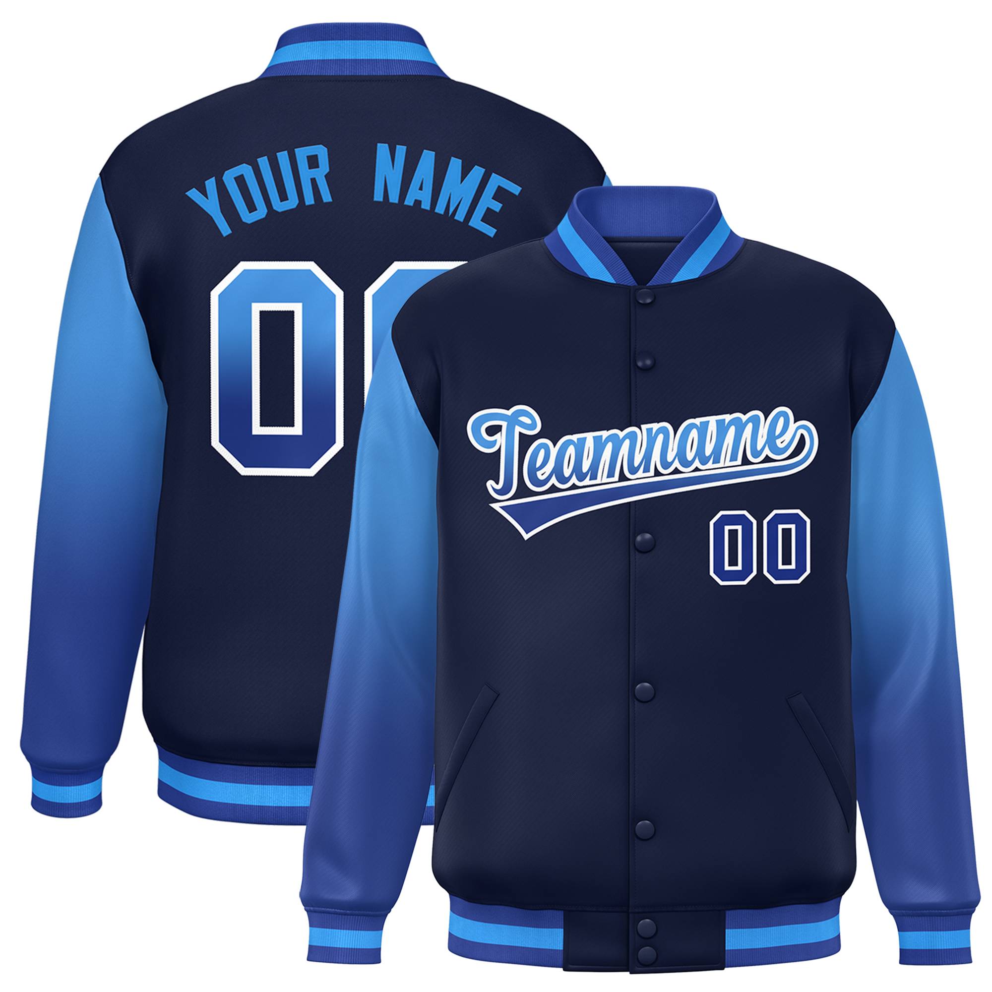 Custom Navy Powder Blue-Royal Gradient Varsity Full-Snap Raglan Sleeves Baseball Jacket