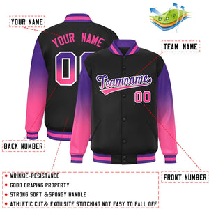 Custom Black Purple-Pink Gradient Varsity Full-Snap Raglan Sleeves Baseball Jacket