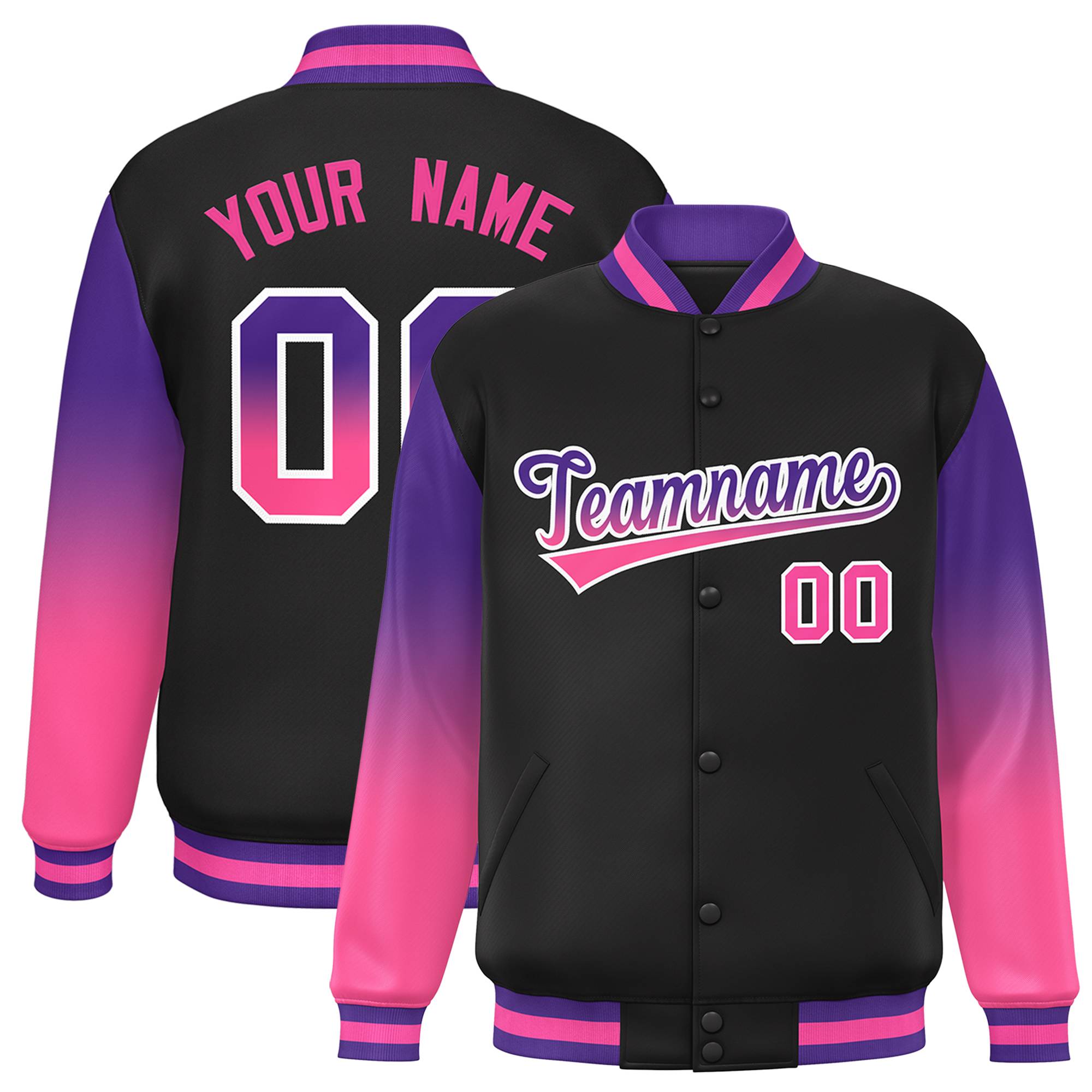 Custom Black Purple-Pink Gradient Varsity Full-Snap Raglan Sleeves Baseball Jacket