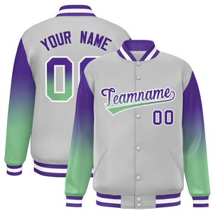 Custom Gray Purple-Green Gradient Varsity Full-Snap Raglan Sleeves Baseball Jacket