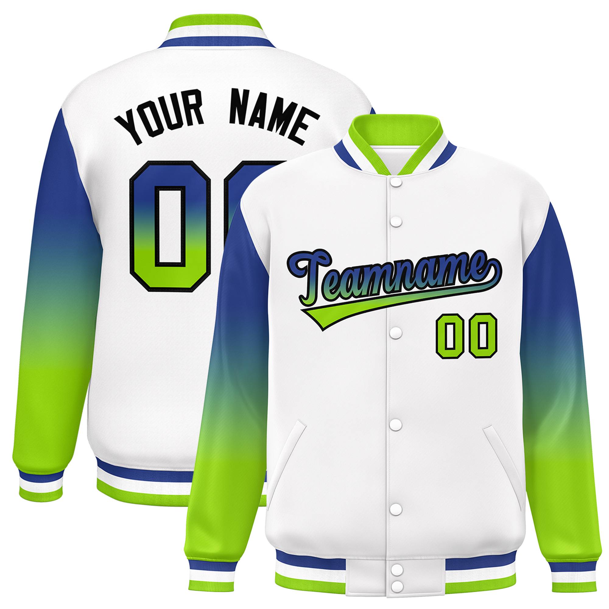 Custom White Royal-Green Gradient Varsity Full-Snap Raglan Sleeves Baseball Jacket