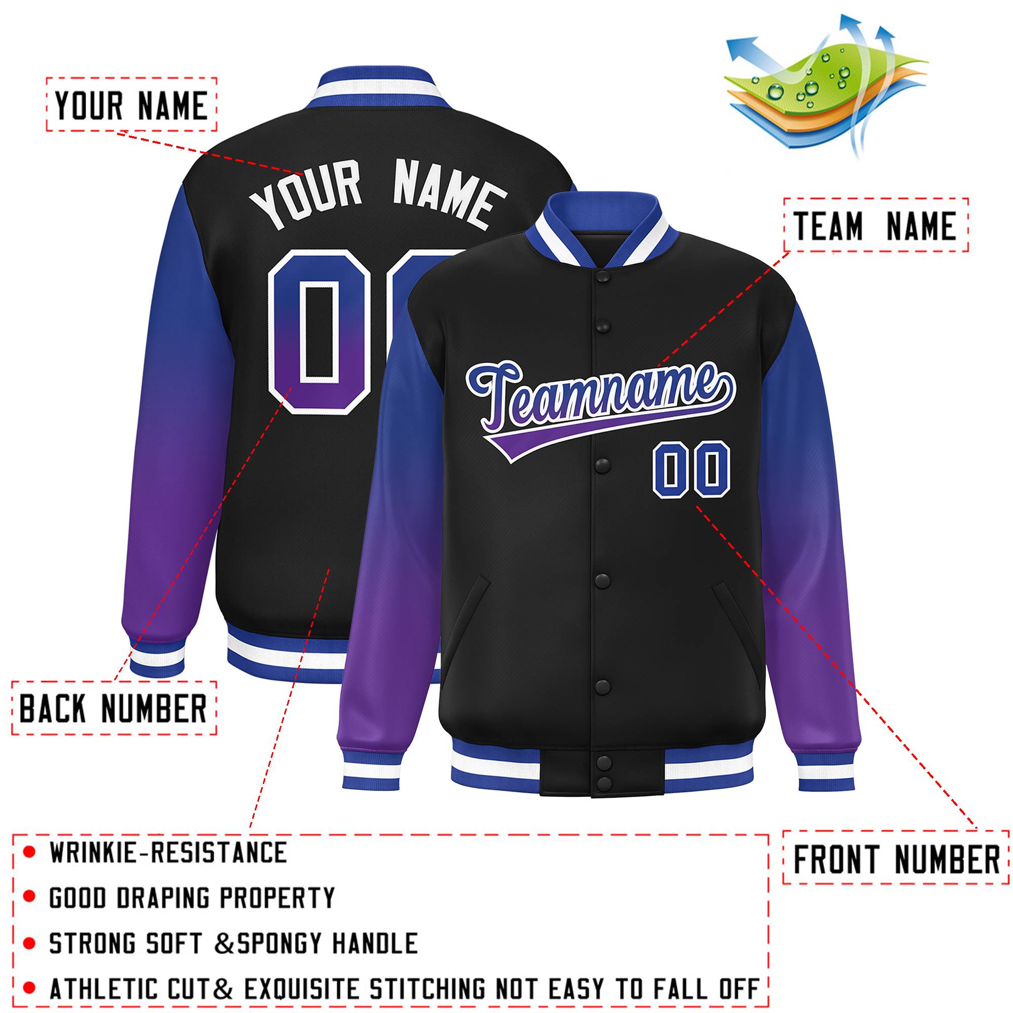 Custom Black Royal-Purple Gradient Varsity Full-Snap Raglan Sleeves Baseball Jacket