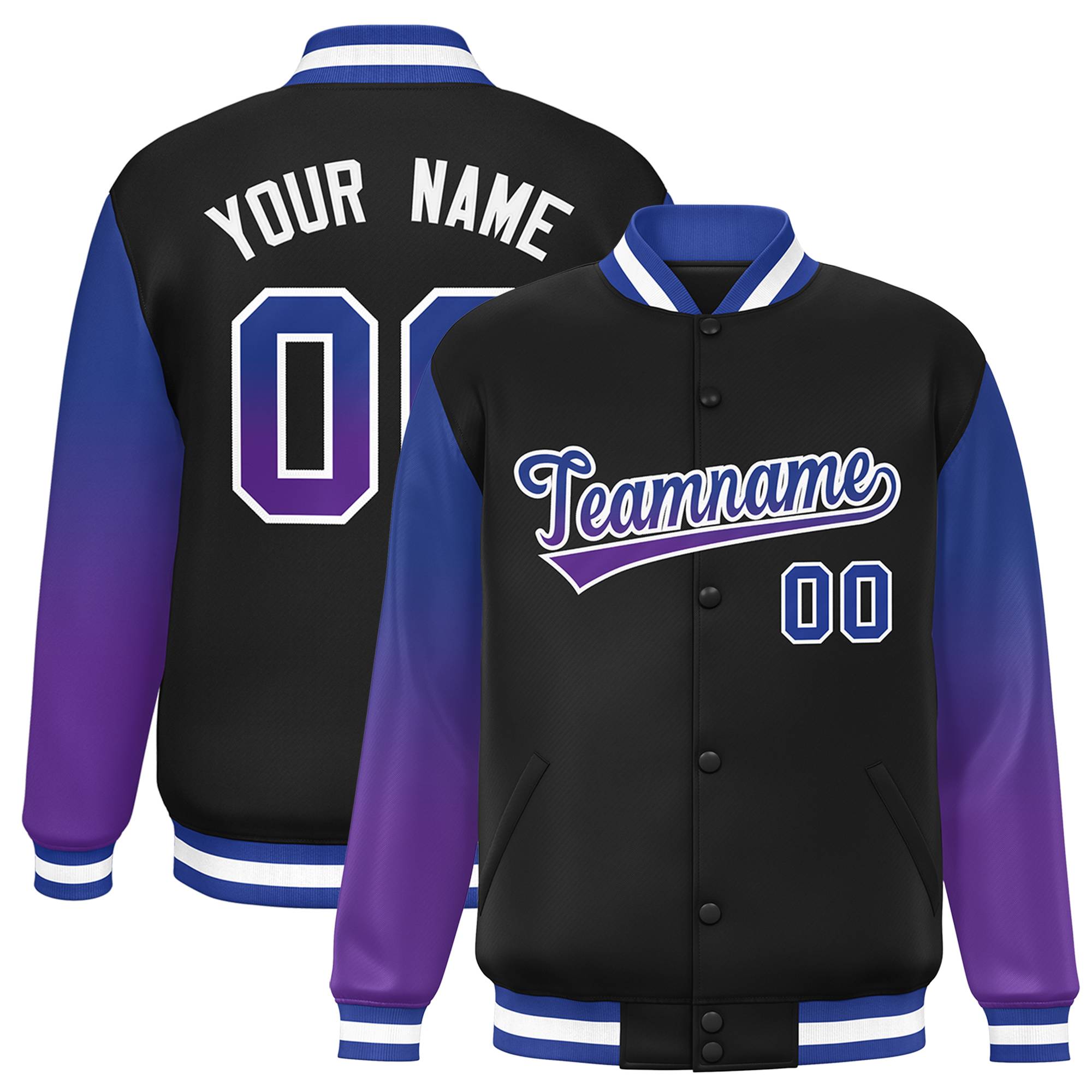 Custom Black Royal-Purple Gradient Varsity Full-Snap Raglan Sleeves Baseball Jacket