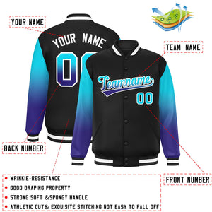 Custom Black Sky Blue-Royal Gradient Varsity Full-Snap Raglan Sleeves Baseball Jacket