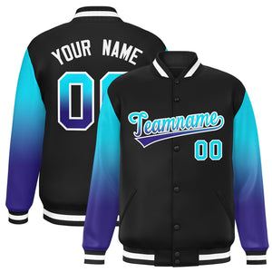 Custom Black Sky Blue-Royal Gradient Varsity Full-Snap Raglan Sleeves Baseball Jacket