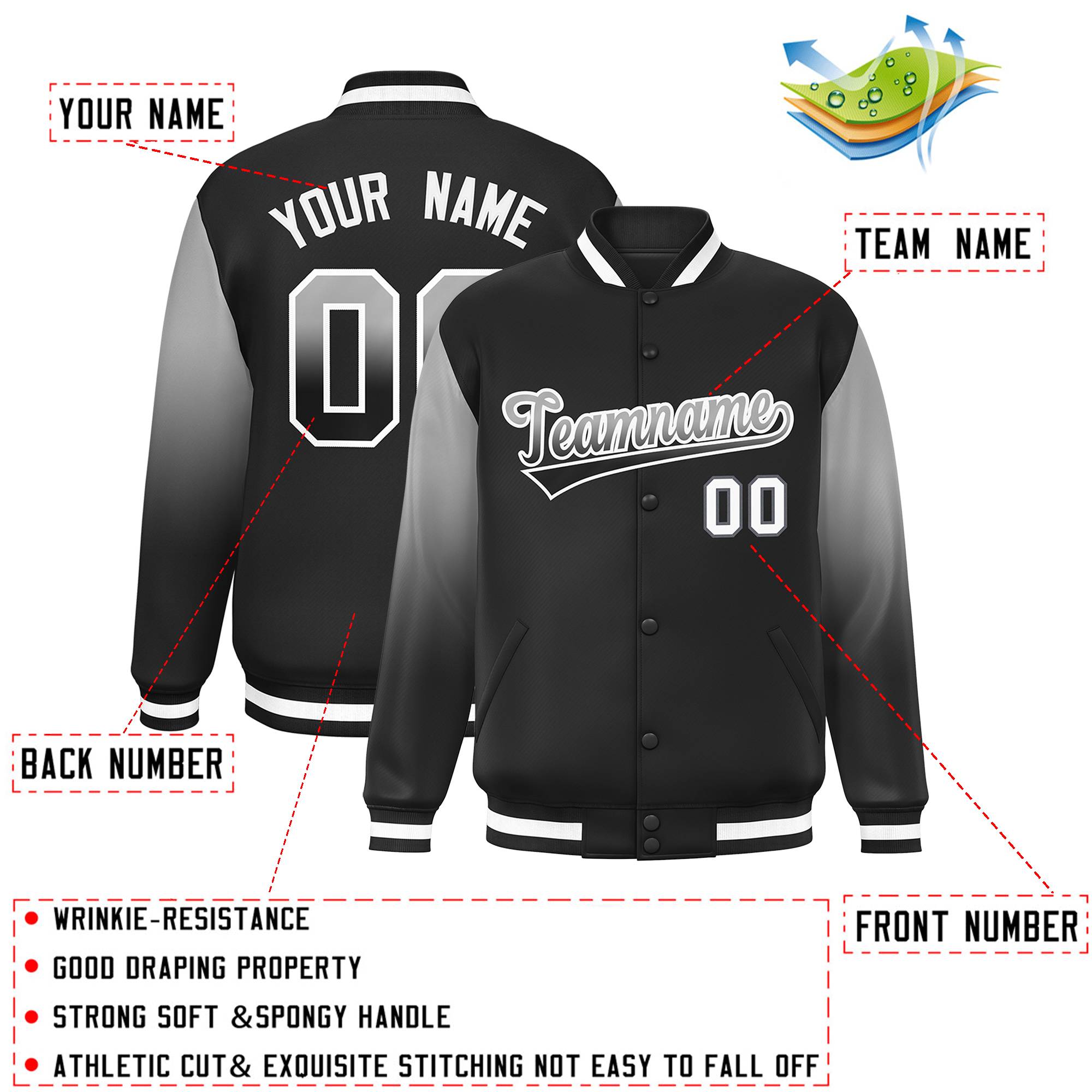 Custom Black Gray-Black Gradient Varsity Full-Snap Raglan Sleeves Baseball Jacket