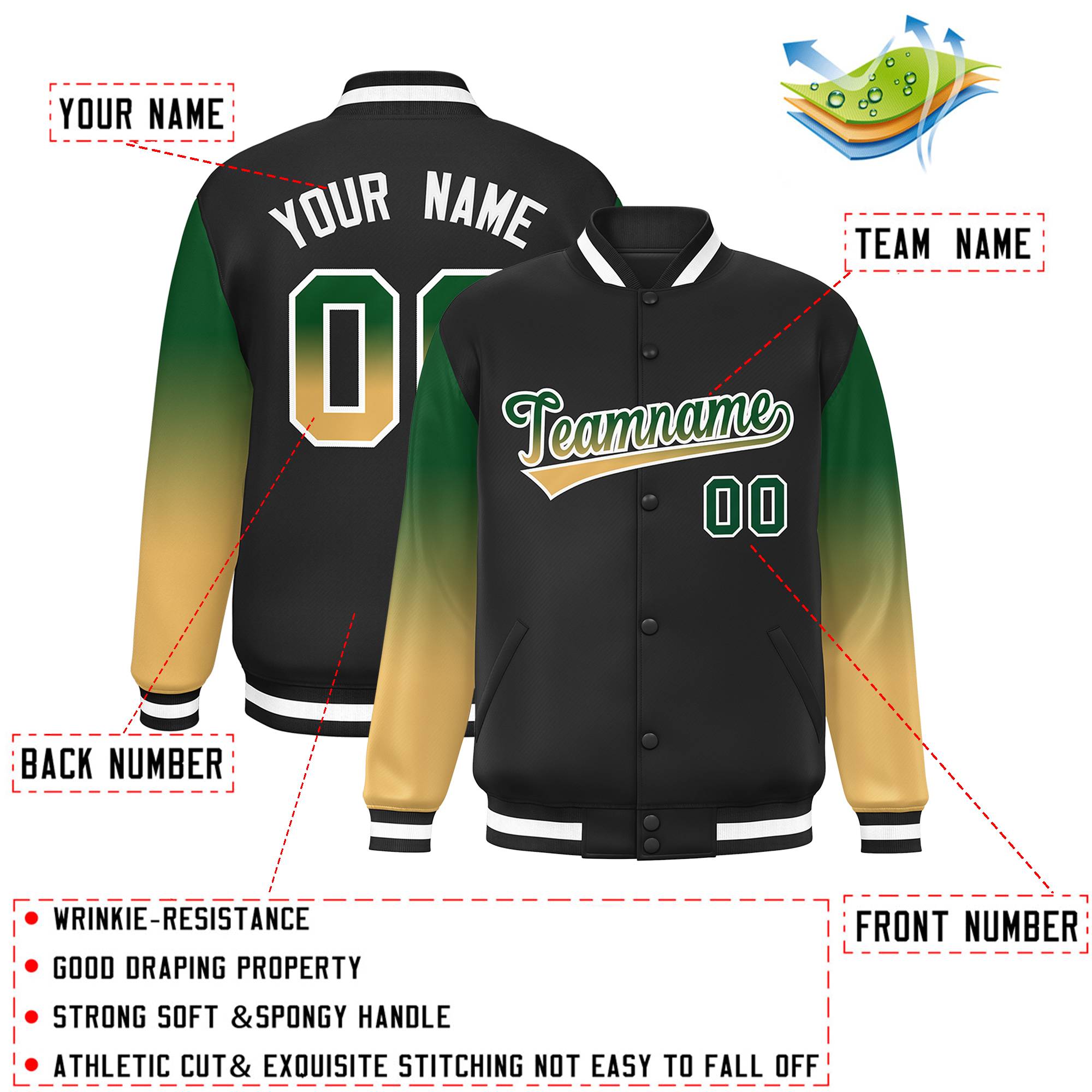 Custom Black Kelly Green-Khaki Gradient Varsity Full-Snap Raglan Sleeves Baseball Jacket