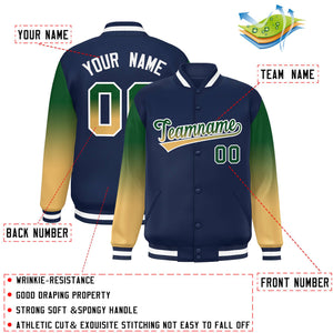 Custom Navy Kelly Green-Khaki Gradient Varsity Full-Snap Raglan Sleeves Baseball Jacket