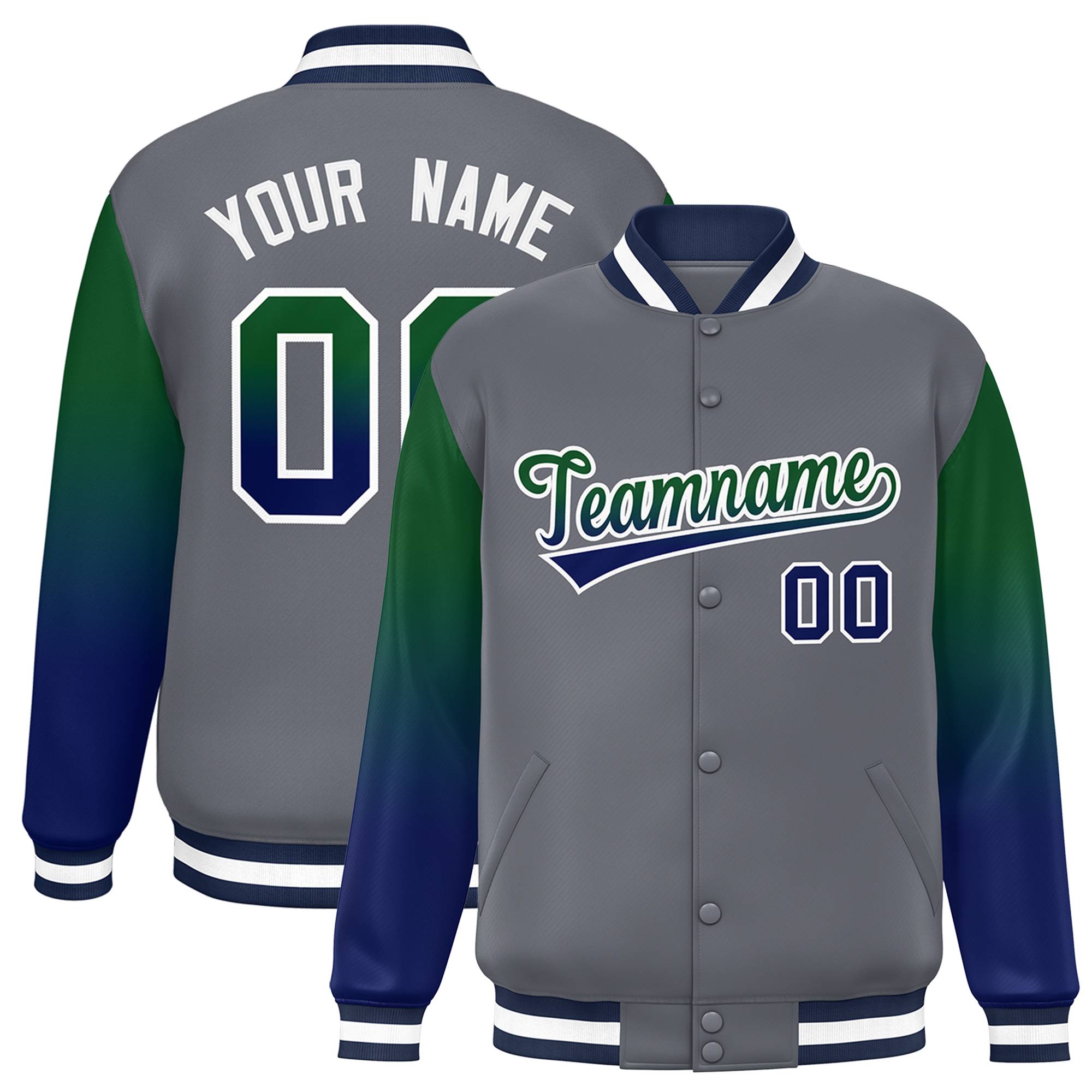 Custom Dark Gray Green-Navy Gradient Varsity Full-Snap Raglan Sleeves Baseball Jacket