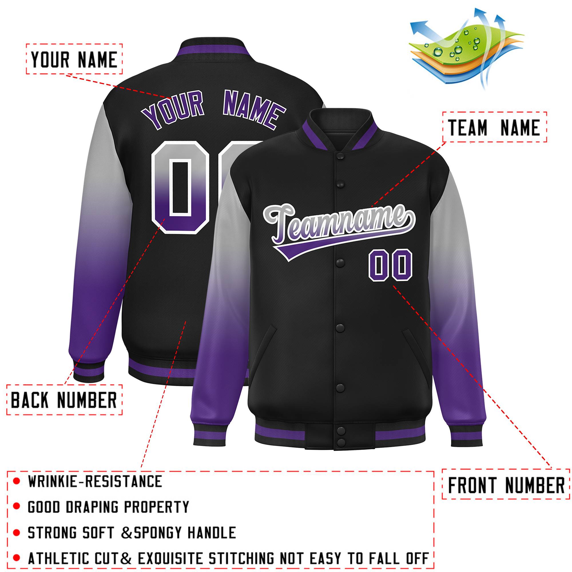 Custom Black Gray-Purple Gradient Varsity Full-Snap Raglan Sleeves Baseball Jacket