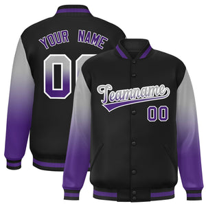 Custom Black Gray-Purple Gradient Varsity Full-Snap Raglan Sleeves Baseball Jacket