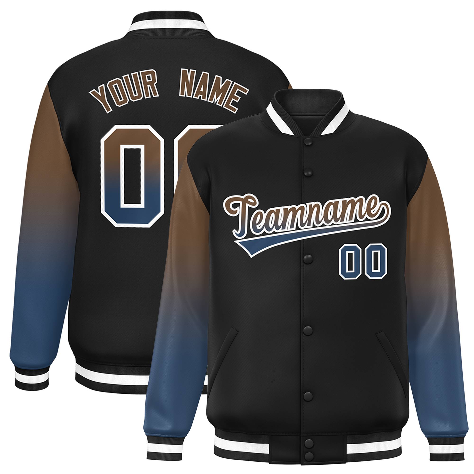 Custom Black Light Brown-Midnight Blue Gradient Varsity Full-Snap Raglan Sleeves Baseball Jacket