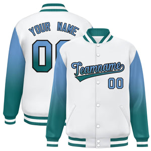 Custom White Light Blue-Aqua Gradient Varsity Full-Snap Raglan Sleeves Baseball Jacket