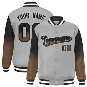 Custom Gray Black-Light Brown Gradient Varsity Full-Snap Raglan Sleeves Baseball Jacket