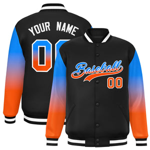 Custom Black Powder Blue-Orange Gradient Varsity Full-Snap Raglan Sleeves Baseball Jacket