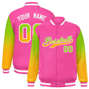 Custom Pink Neon Green-Yellow Gradient Varsity Full-Snap Raglan Sleeves Baseball Jacket