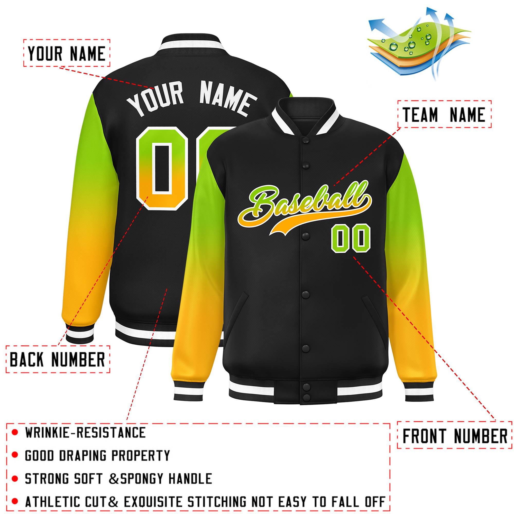 Custom Black Neon Green-Yellow Gradient Varsity Full-Snap Raglan Sleeves Baseball Jacket