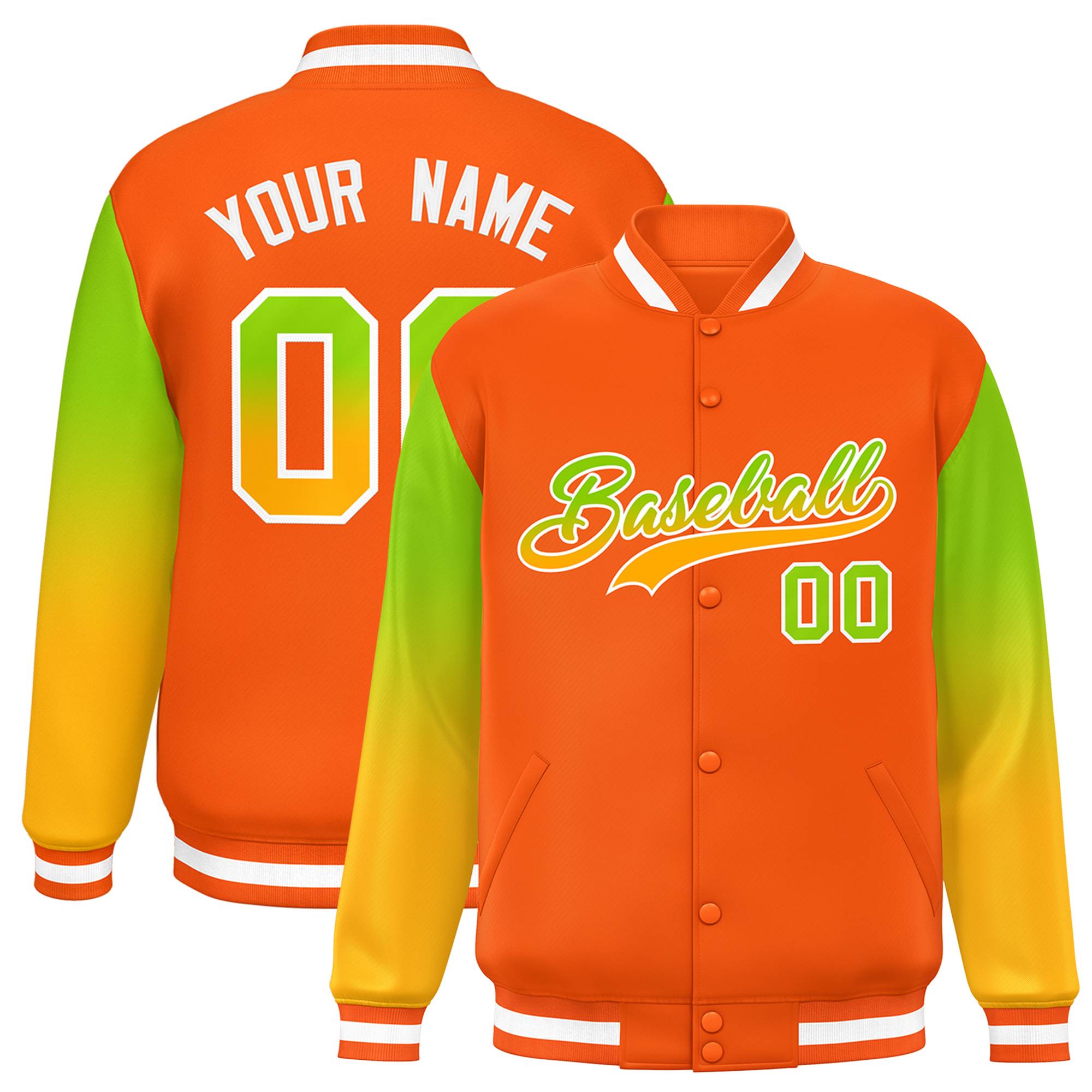 Custom Orange Neon Green-Yellow Gradient Varsity Full-Snap Raglan Sleeves Baseball Jacket