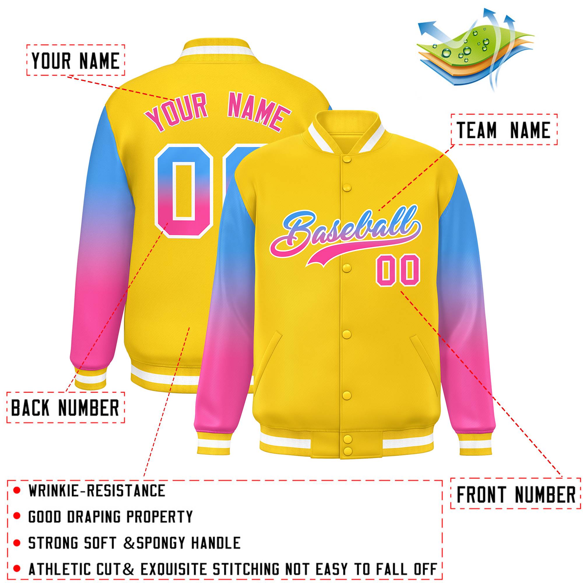 Custom Gold Powder Blue-Pink Gradient Varsity Full-Snap Raglan Sleeves Baseball Jacket