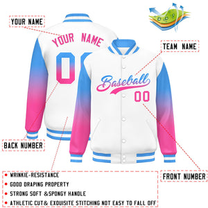 Custom White Powder Blue-Pink Gradient Varsity Full-Snap Raglan Sleeves Baseball Jacket