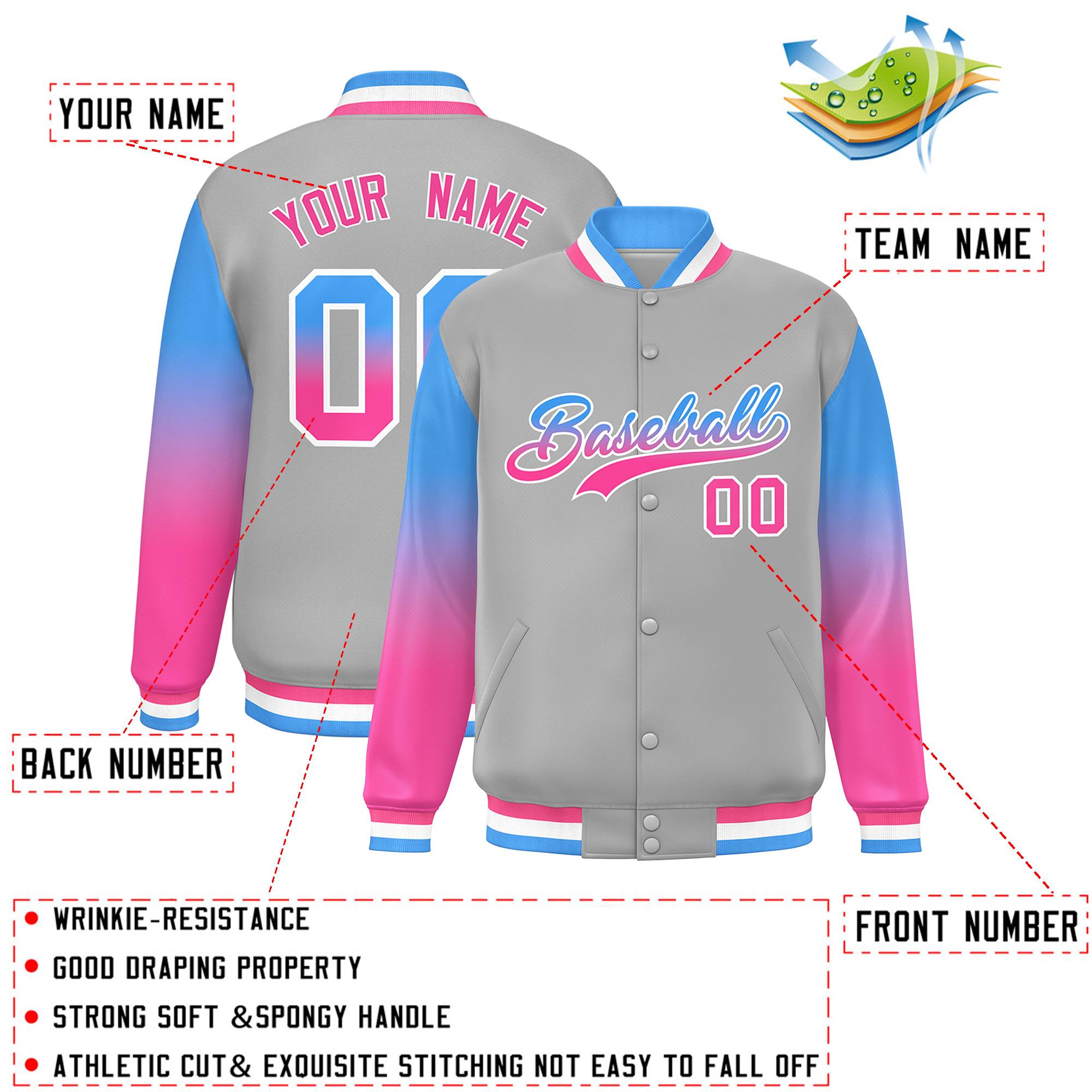 Custom Gray Powder Blue-Pink Gradient Varsity Full-Snap Raglan Sleeves Baseball Jacket