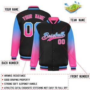 Custom Black Powder Blue-Pink Gradient Varsity Full-Snap Raglan Sleeves Baseball Jacket