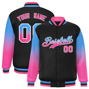 Custom Black Powder Blue-Pink Gradient Varsity Full-Snap Raglan Sleeves Baseball Jacket