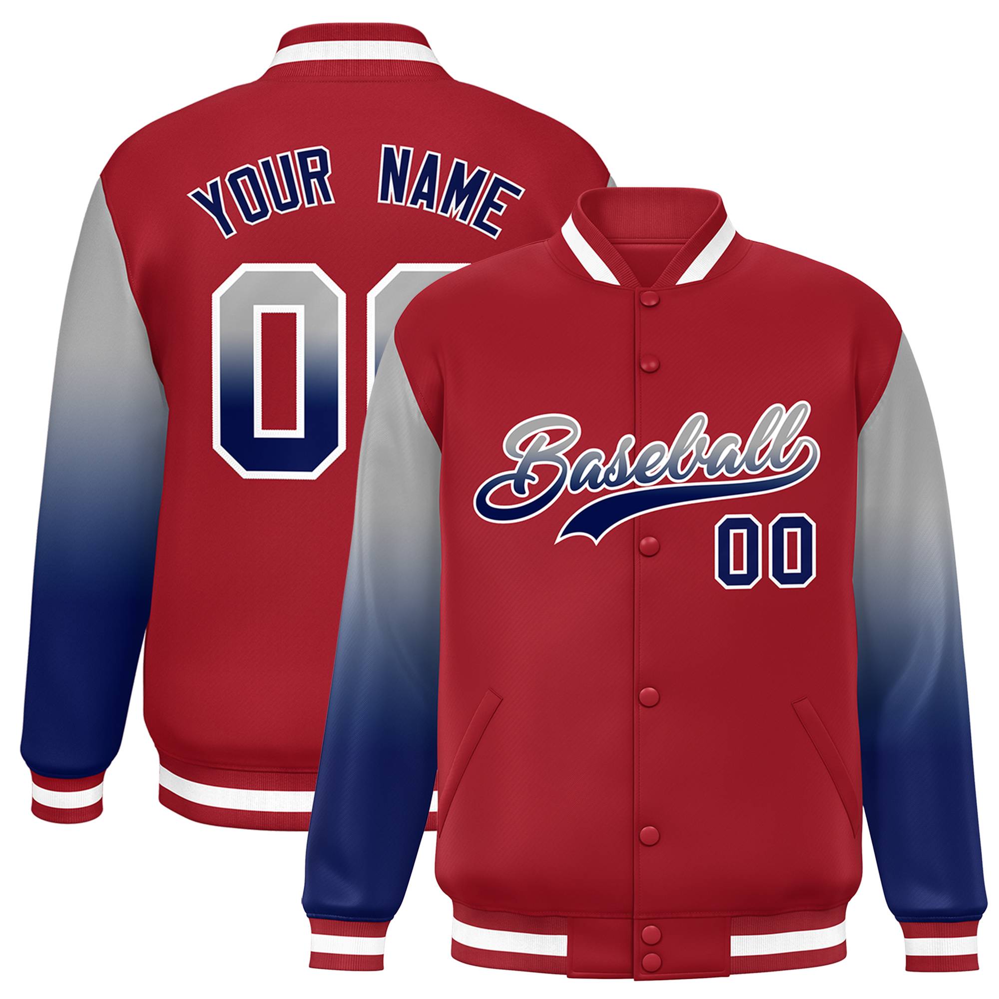 Custom Red Gray-Royal Gradient Varsity Full-Snap Raglan Sleeves Baseball Jacket