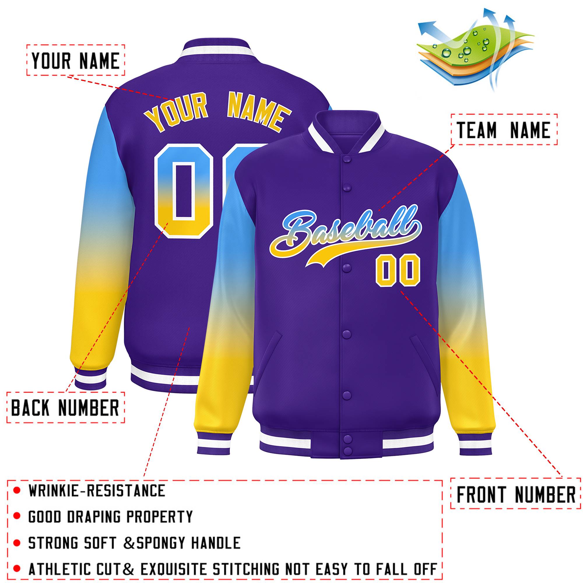 Custom Purple Powder Blue-Gold Gradient Varsity Full-Snap Raglan Sleeves Baseball Jacket