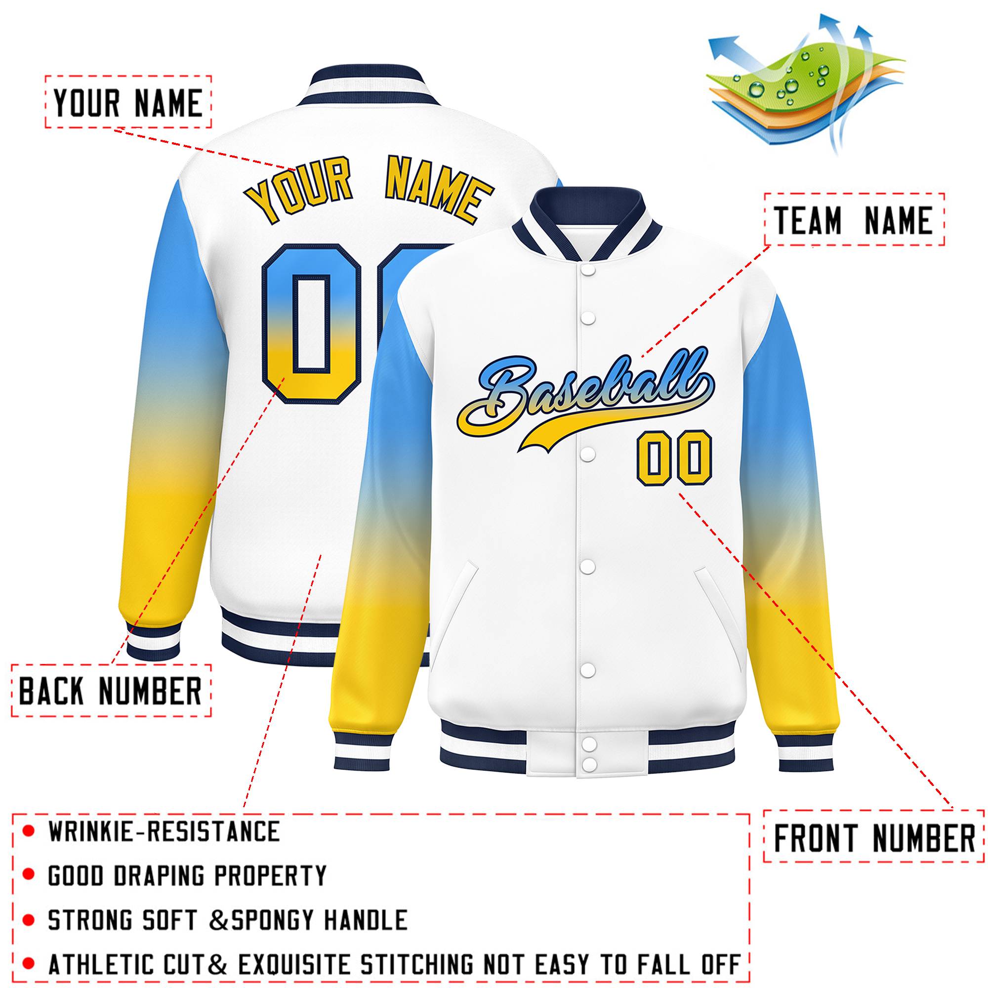 Custom White Powder Blue-Gold Gradient Varsity Full-Snap Raglan Sleeves Baseball Jacket