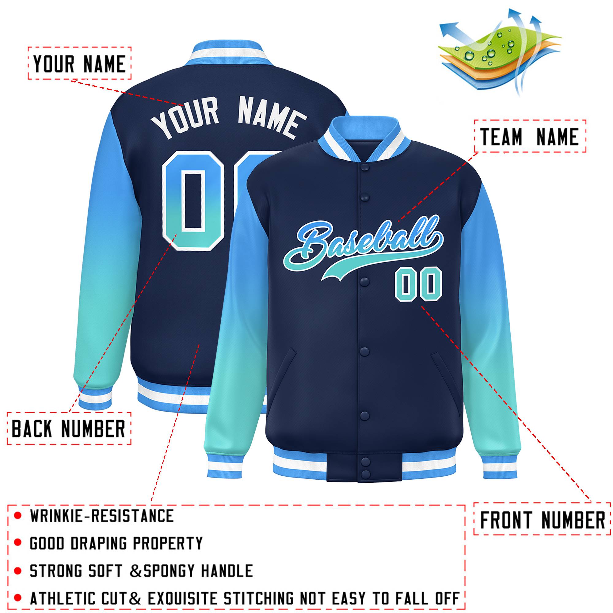 Custom Navy Powder Blue-Bright Green Gradient Varsity Full-Snap Raglan Sleeves Baseball Jacket