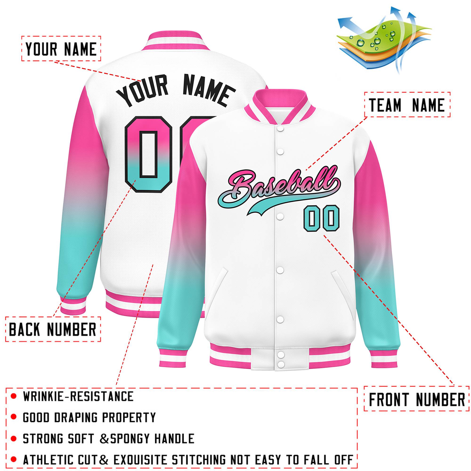 Custom White Pink-Bright Green Gradient Varsity Full-Snap Raglan Sleeves Baseball Jacket