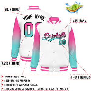 Custom White Pink-Bright Green Gradient Varsity Full-Snap Raglan Sleeves Baseball Jacket