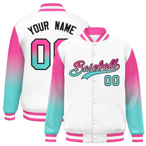 Custom White Pink-Bright Green Gradient Varsity Full-Snap Raglan Sleeves Baseball Jacket