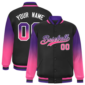 Custom Black Purple-Pink Gradient Varsity Full-Snap Raglan Sleeves Baseball Jacket