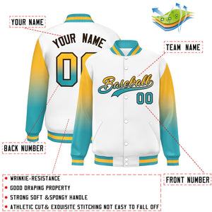 Custom White Yellow-Aqua Gradient Varsity Full-Snap Raglan Sleeves Baseball Jacket