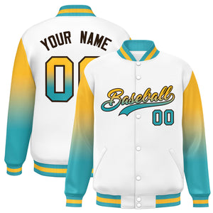 Custom White Yellow-Aqua Gradient Varsity Full-Snap Raglan Sleeves Baseball Jacket