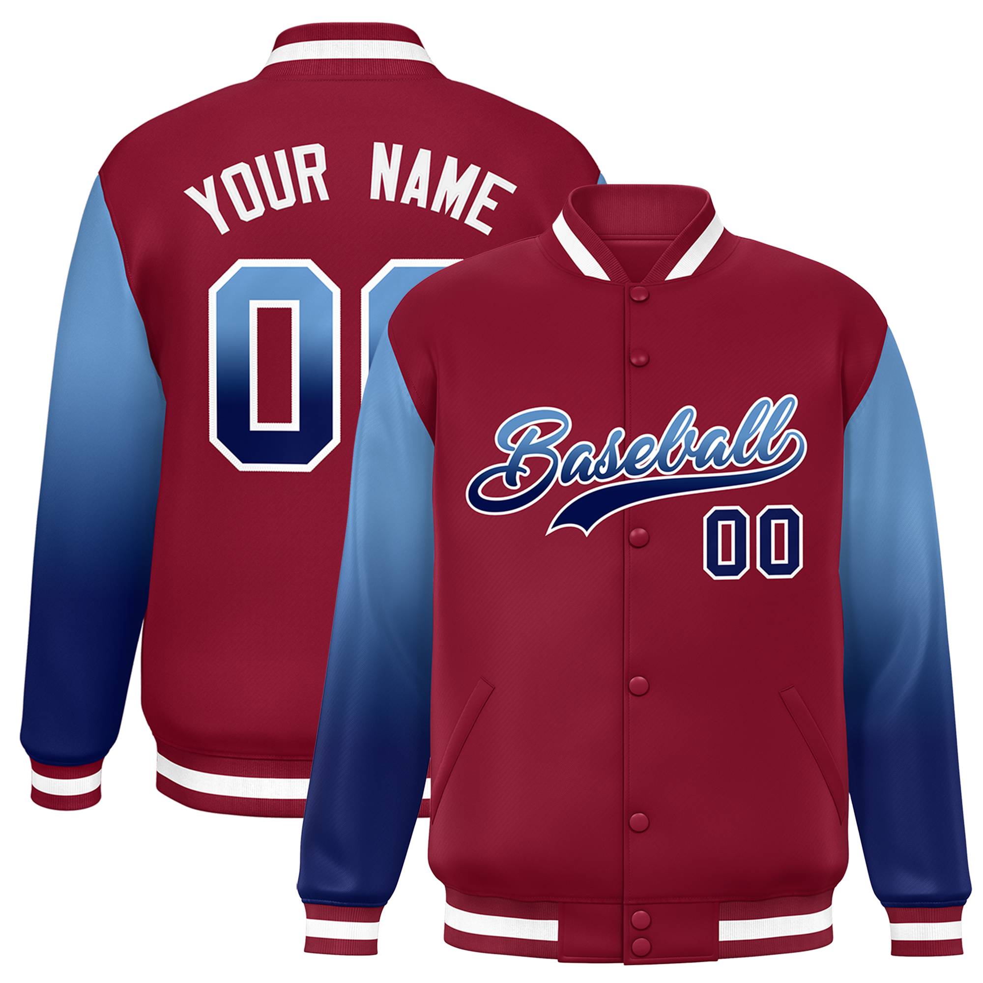 Custom Crimson Light Blue-Navy Gradient Varsity Full-Snap Raglan Sleeves Baseball Jacket