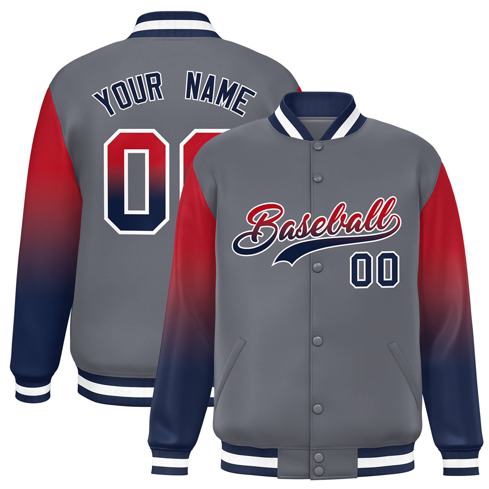 Custom Dark Gray Red-Navy Gradient Varsity Full-Snap Raglan Sleeves Baseball Jacket