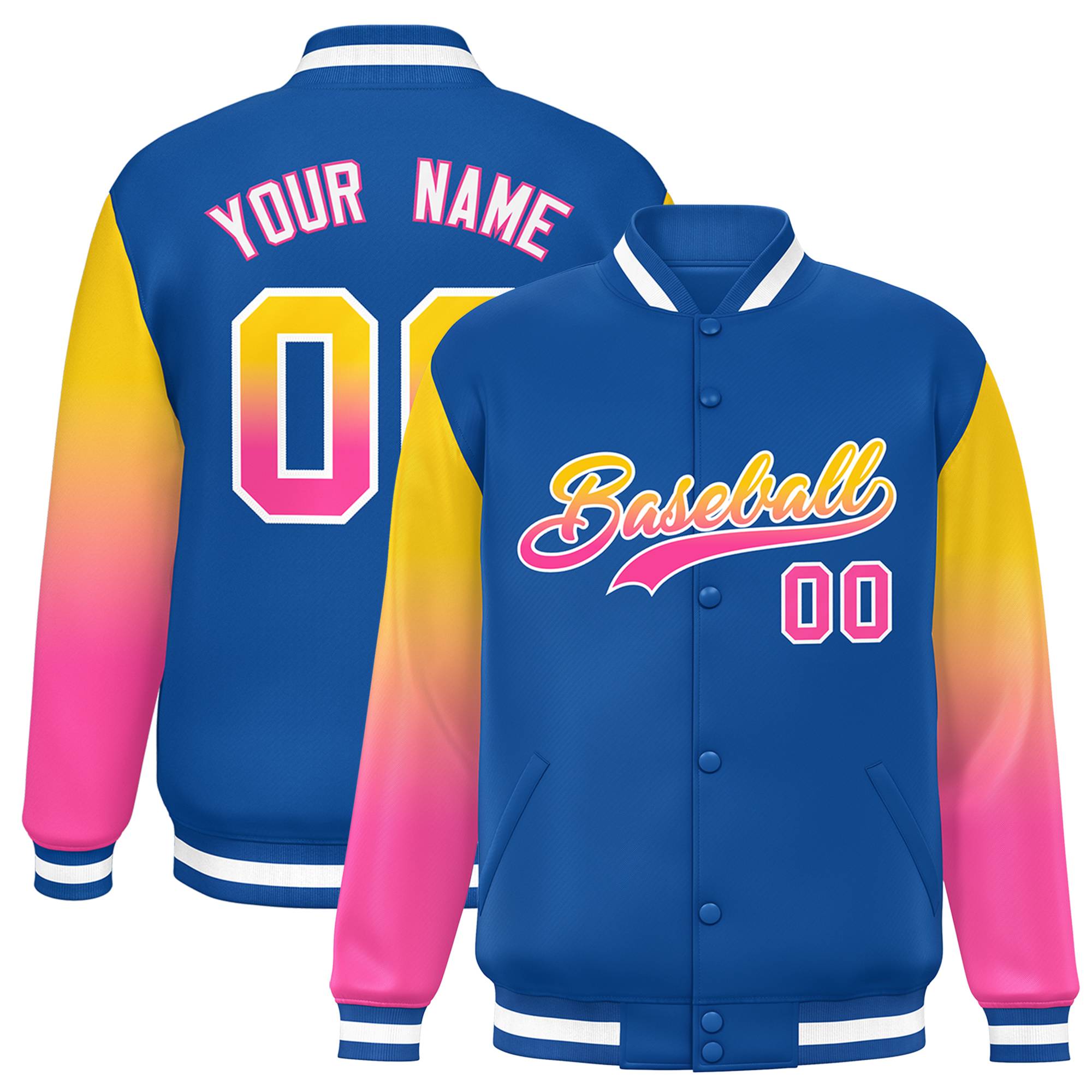 Custom Royal Gold-Pink Gradient Varsity Full-Snap Raglan Sleeves Baseball Jacket