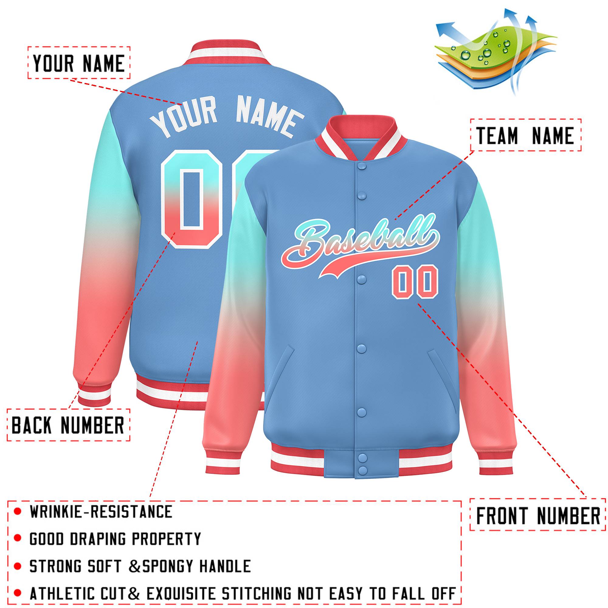 Custom Light Blue Bright Green-Light Red Gradient Varsity Full-Snap Raglan Sleeves Baseball Jacket