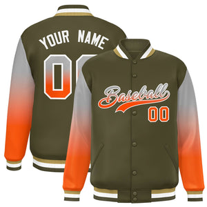 Custom Olive Gray-Orange Gradient Varsity Full-Snap Raglan Sleeves Baseball Jacket